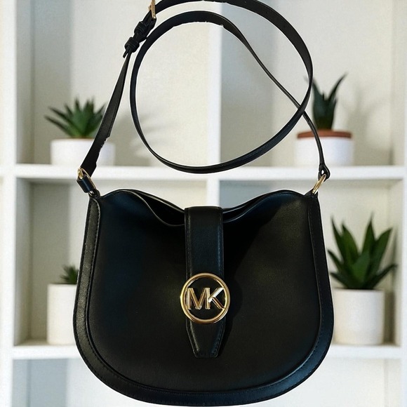 Michael Kors Gabby Small Hobo Crossbody Bag Black MK Logo Gold Hardware Purse - Picture 7 of 10